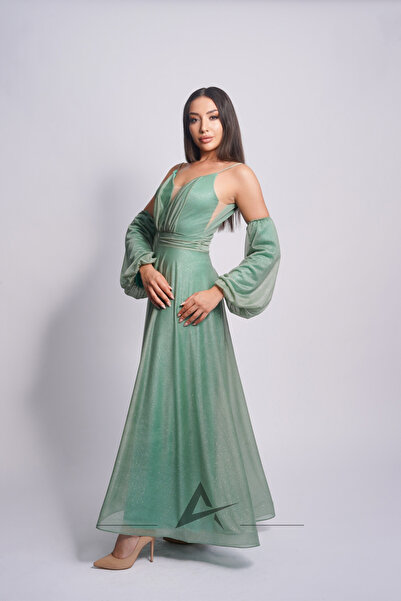 Alonclia Kedi Yakalı Gigot Kol Detaylı Abiye