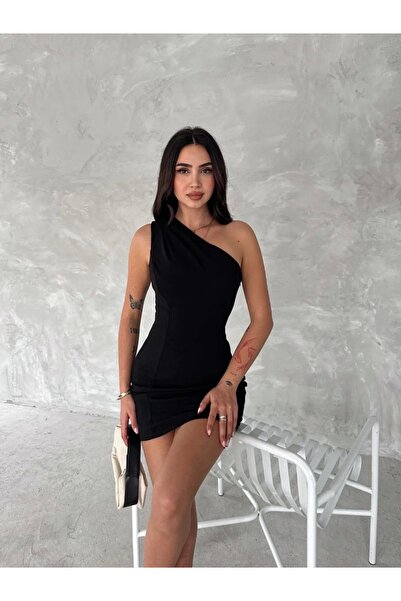 hibiscus One Shoulder Sleeveless Mini Dress - Black