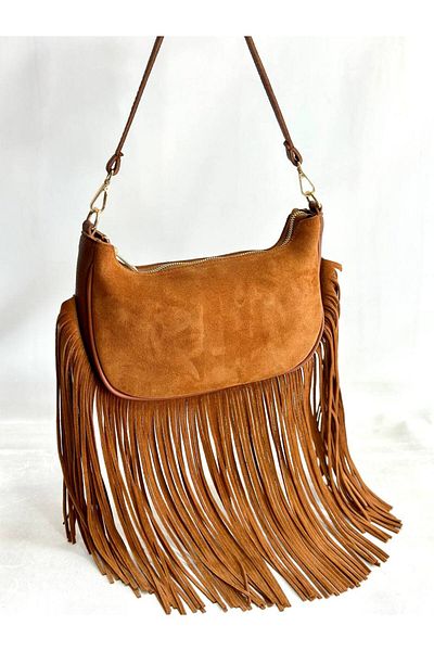çkn sedat çakan çanta & fular & aksesuar Western Genuine Suede Leather Women's Shoulder Bag with Tassel Detail