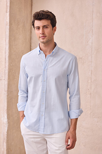 Pietra Paul Men's Slim Fit Slim Fit Buttoned Collar Linen Look 100% Cotton Flared Shirt