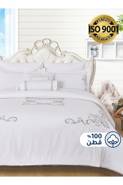 Master Home Textile Cotton Embroidered Comforter Set, King 8Pcs, Fixed Filling, 200 TC Cotton