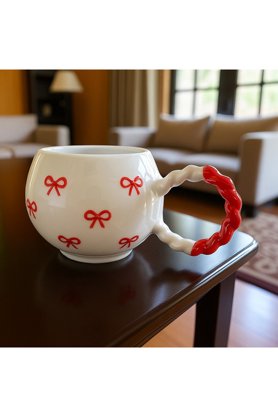 ADEN LİNA ART WORKSHOP Red Bow Patterned Handmade Ceramic Mug
