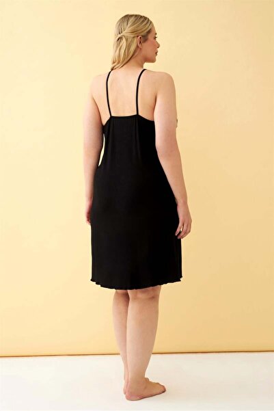 modaserdem Mdsrdm Women's Plus Size Black Floral Patterned Strap Nightdress