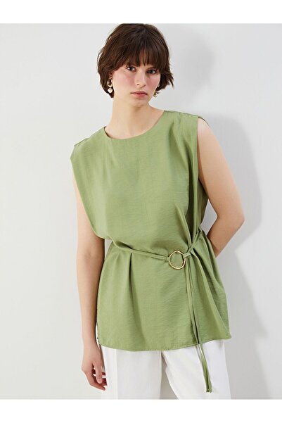 LC Waikiki Lcwaikiki Classic Green Crew Neck Belted Blouse
