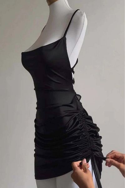 Karakedi Black Gathered Back Drawstring & Low-Cut Strap Gothic Dress