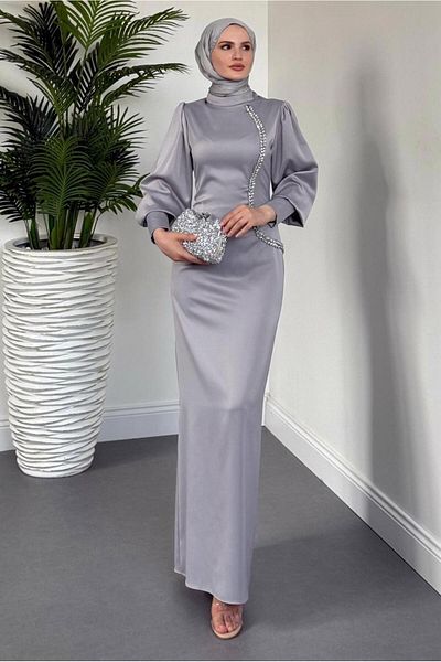 TRENDTESETTÜR Women's Gray Stone Detailled Evening Dress t 1715