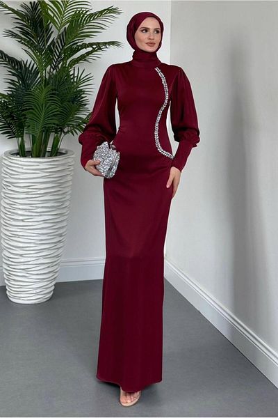 TRENDTESETTÜR Women's Bordo Stone Detailled Evening Dress t 1715
