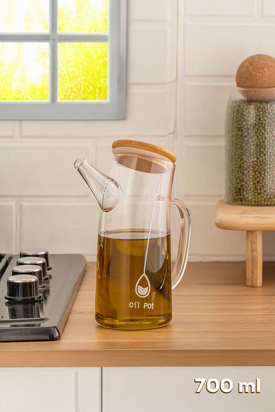 Porsima 2093 Vacuum Borosilicate Glass Oil Pot Oil Pot with Bamboo Lid 700ml