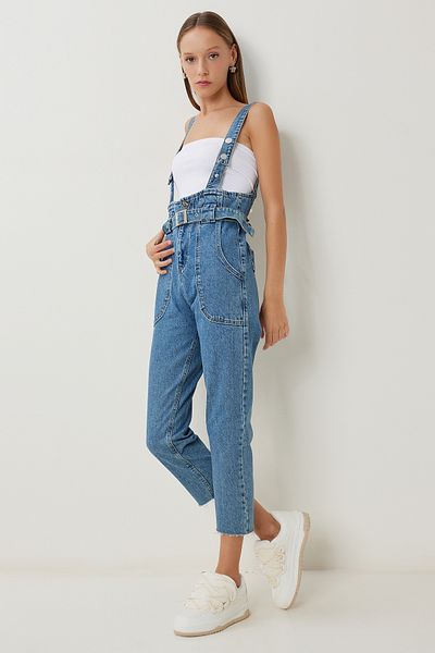 Lovelyİstanbul Denim Salopet with Strap Belt Lfg0091 Dark Blue