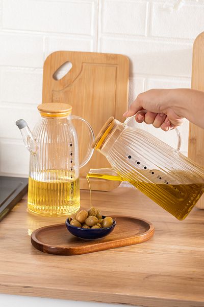 Porsima 2091 Bamboo Lid Vacuum Scale Borosilicate Glass 2-Piece Oil Pot Oil Vinegar Set 1000 ml