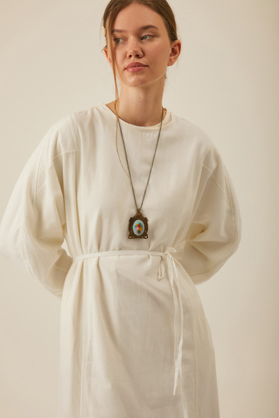 ZÜLAYS Kontrast Dikişli Keten Elbise Beyaz