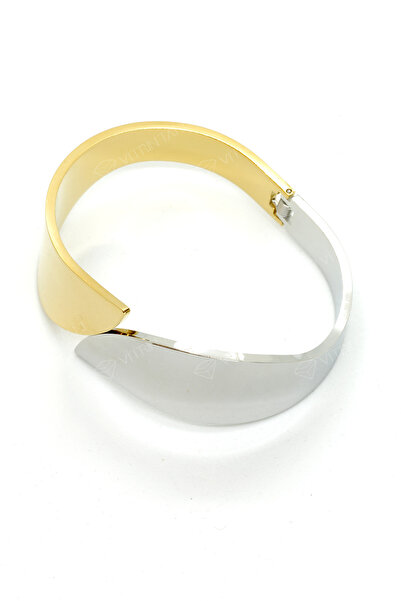 Çelik Gümüş ve Altın Renk Kelepçe Bileklik