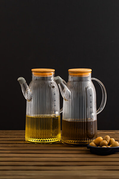 Porsima 2091 Bambu Kapaklı Vakumlu Ölçekli Borosilikat Cam 2li Yağdanlık Yağlık Sirkelik Seti 1000 ml