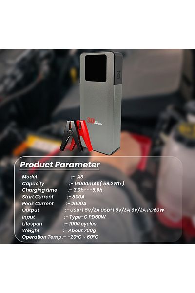 3D A3 16000mAh Jump Starter with 2000A Peak for 12V Vehicles – Portable Power Bank and Booster