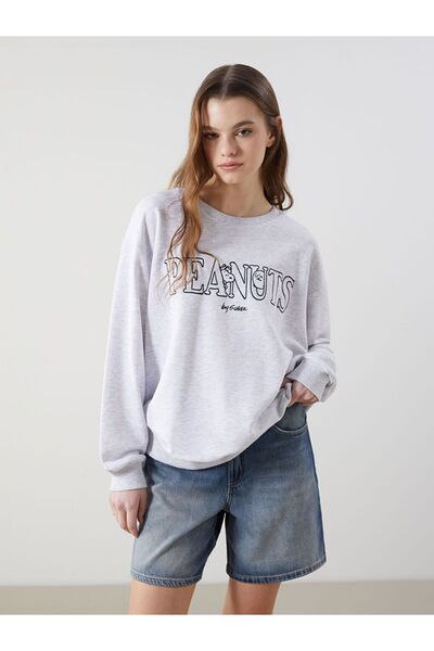 LC Waikiki Xside Gray Crew Neck Snoopy Printed Oversize Women's Sweatshirt