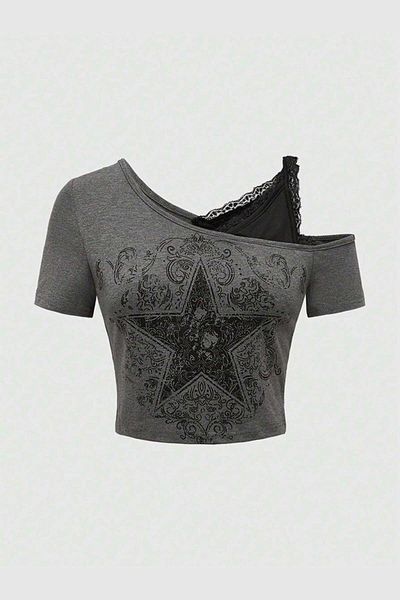 Pop Giyim Gothic Star Star Printed Short Sleeve Crop Blouse with Additional Strap