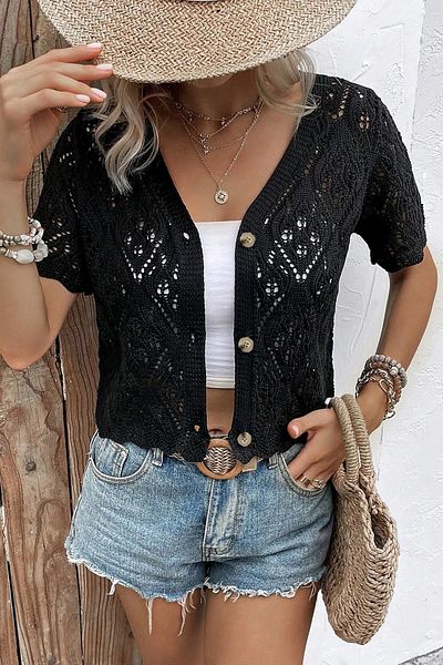 citystyle Cardigan negru Tirko tricotat cu mâneci scurte ajurate pentru femei