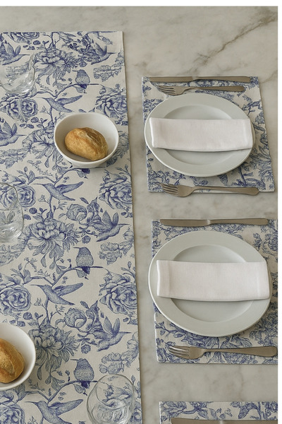 KAMİZ Runner & 6-Piece American Service Supla Set Blue Bird Patterned Dowry Set Modern Tableware Elegance 100% Cotton