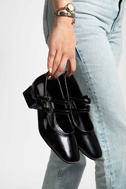 Dubais Shoes Mary Jane Kadın Rugan Arkası Kapalı Çift Bant Kare Burun Kısa Bl...