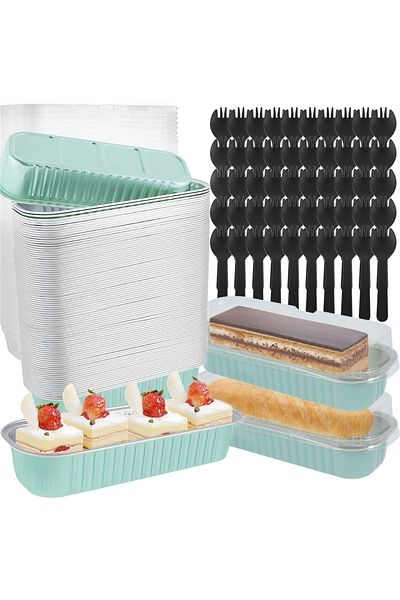 Choice Light Blue Mini Cake Pans with Lids and Spoons 200ml Non-Stick Foil Baking Pans Tins Reusable Alumin