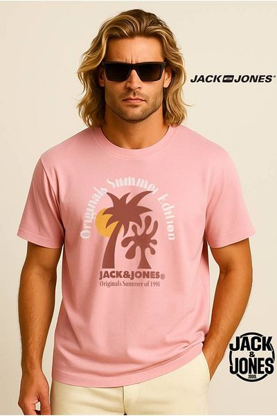 Jack & Jones Tricou cu imprimeu cu logo pentru bărbați J&J JJDOWN roz deschis A2222