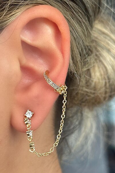TAKIŞTIR Altın Renk Taş Detaylı İkili Ear Cuff Küpe Set