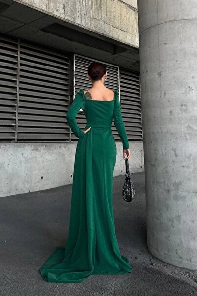 Mossta Long Sleeve Heart Neckline Stone Detailed Glitter Crepe Evening Dress - Green