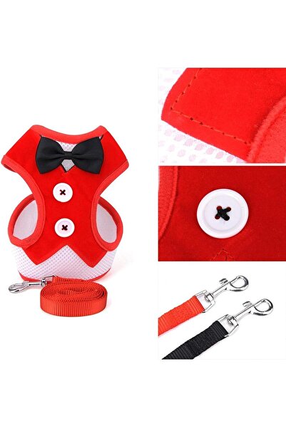 EDA LUXURY BEAUTY 2'li Özel Köpek Kedi Lüks Papyonlu Göğüs Tasması & Gezdirme Kıyafeti Küçük Irk Süslü Pet Leash Set