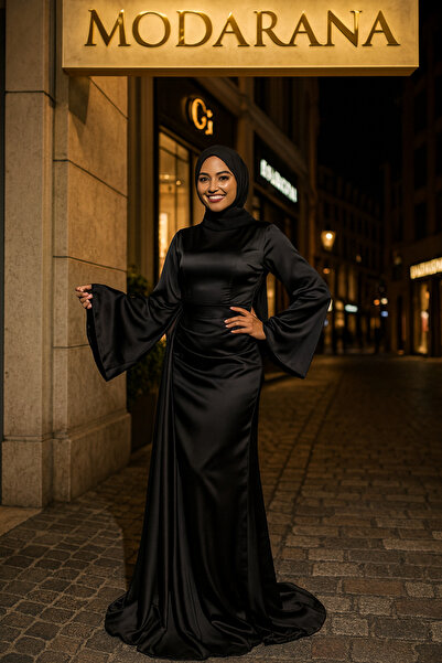 Modarana Kuyruklu Saten Yan Detaylı Tesettür Abiye