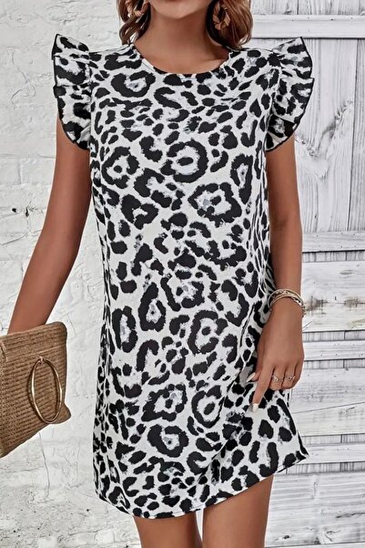 Mossta imprimeu leopard Rochie cu mâneci volanate și legături la spate - alb