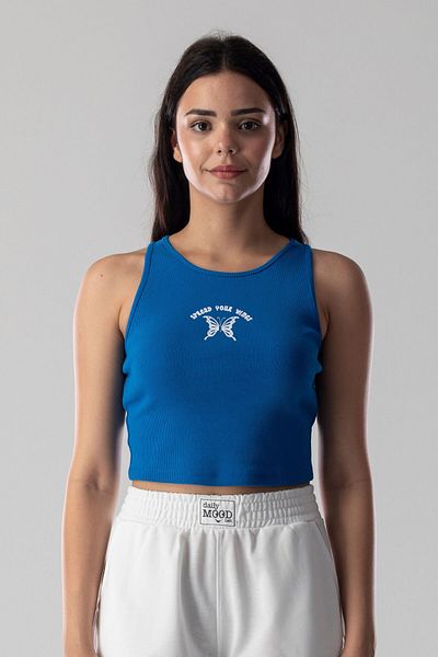 Mood Lab Halter Neck Tank Crop Slogan Printed Cotton Ribbed Knitted Camisole Lycra Top