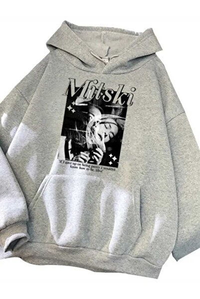 caddekombin Mitski Printed Hooded Pocket Cotton Gray Sweatshirt