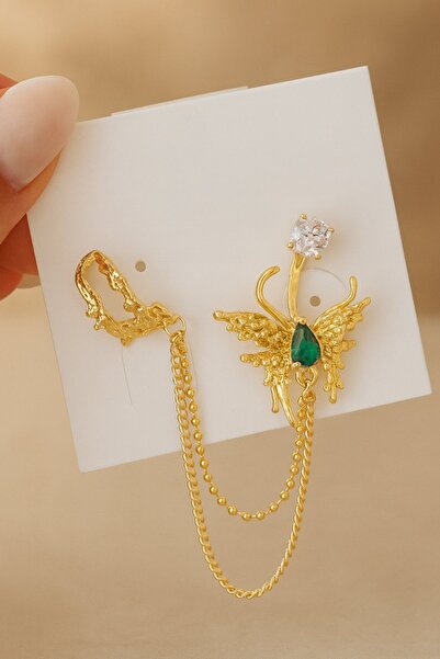 TAKIŞTIR Altın Renk Kelebek Figürlü Taş Detaylı Ear Cuff Küpe Set