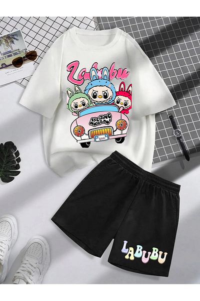 COHERENT Unisex Women/Men Black Colored Labubu Custom Printed Shorts T-Shirt Set