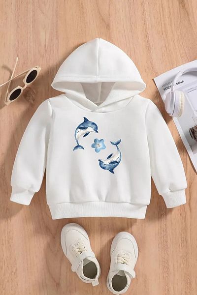 VBSVİBES Children's White Hooded Sweatshirt – 2Li Dolphin Printed, Thick Fabric with Hood