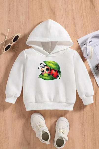 VBSVİBES Children's White Hooded Sweatshirt – Ates Bocegi Printed, Thick Fabric with Embossed
