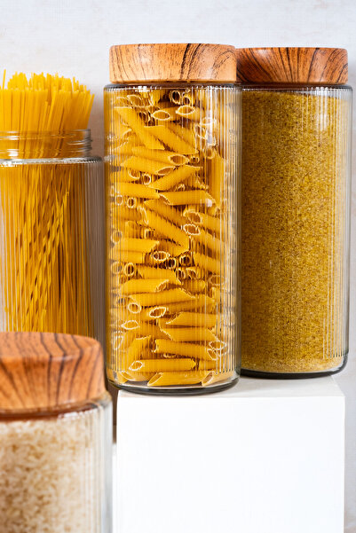 Homekolik 6 Pieces 1500 ml Striped Glass Jar Set – Bamboo Lid Appearance, Airtight