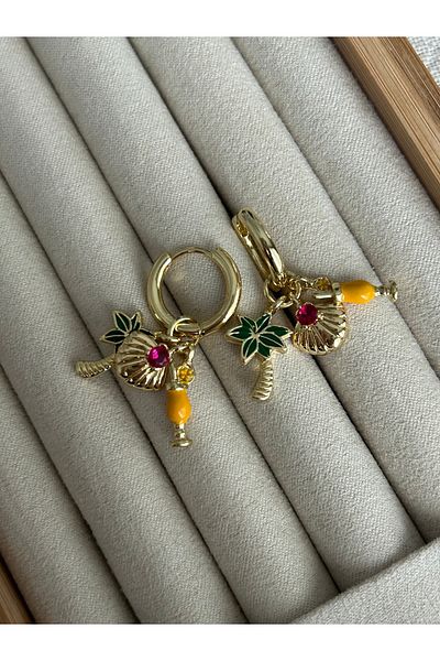 ringbox Palm and Oyster Detailed Dangle Gold Earrings