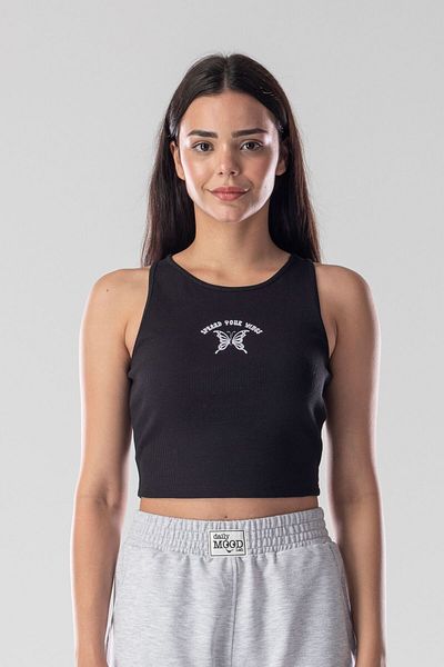 Mood Lab Halter Neck Tank Crop Slogan Printed Cotton Ribbed Knitted Camisole Lycra Top