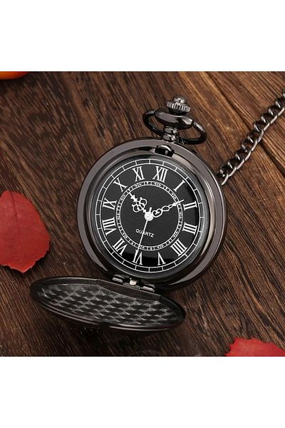 STİLLOVE Black Carved Patterned Luxury Chain Shackle Pocket Watch