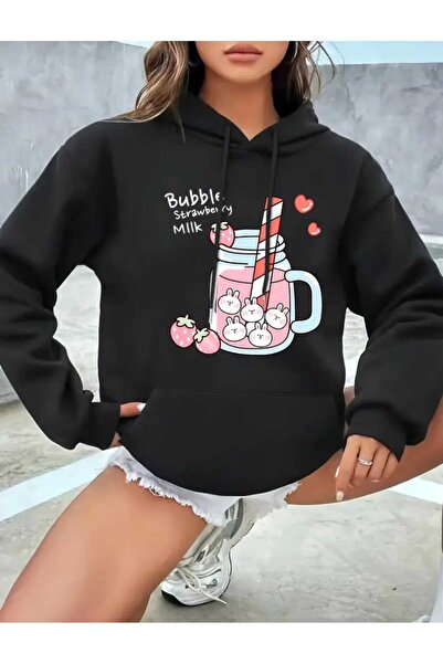 caddekombin Μαύρο φούτερ με κουκούλα με στάμπα Bubble Milk και μάλλινη επένδυση μέσα