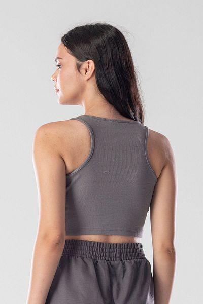 Mood Lab Top cu bretele halter, crop, cu slogan, din bumbac tricotat, camizolă din cașmir cu lycra.
