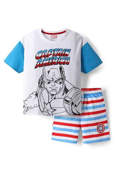 Honeyhap Marvel بدلة نوم قصيرة من الجيرسي مع رسومات كابتن أمريكا - متعددة الأ...