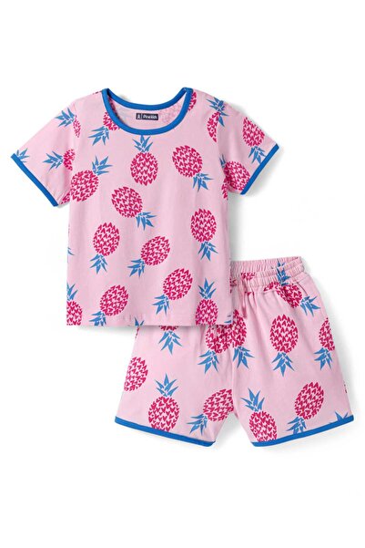 Pine kids طقم تي شيرت وشورت بطبعة استوائية - وردي