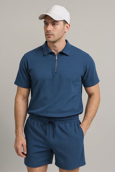 NewCabin Ribbed Ottoman Premium Fabric Half Zipper Unisex T-Shirt and Shorts Set of 2