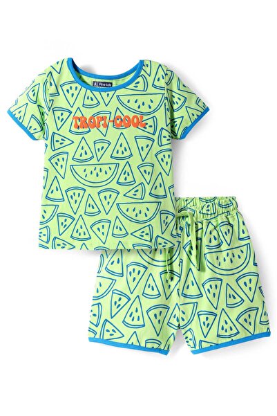 Pine kids طقم تي شيرت وشورت بطبعة نص استوائي - أخضر فاتح
