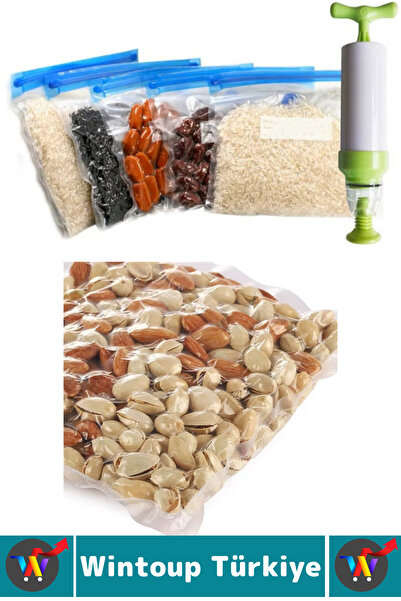 Wintoup Kolay Kullanım Et Sebze Balık Gıda Manuel Pompalı Vakumlama Saklama Poşeti Özel Set 15 Poşet+1 Pompa