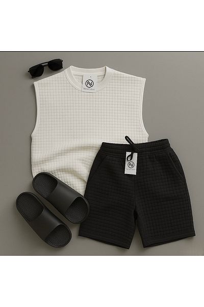 NewCabin Tricou cu textura matlasată premium pentru bărbați de sezon nou - Set de două pantaloni scurți