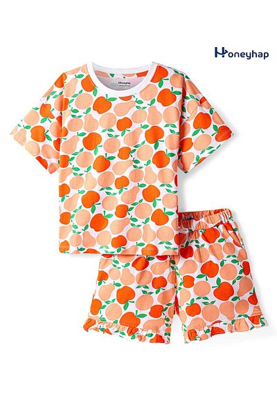 Honeyhap T-Shirt and Shorts Set with Bio Finish & Fruits Print - Bright White Cantaloupe & Carrot
