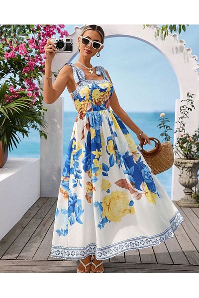 BRGCLOTHING Design Floral Strap Long Dress